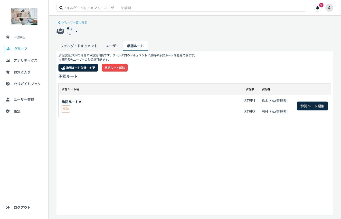 承認ルートが設定されたグループ